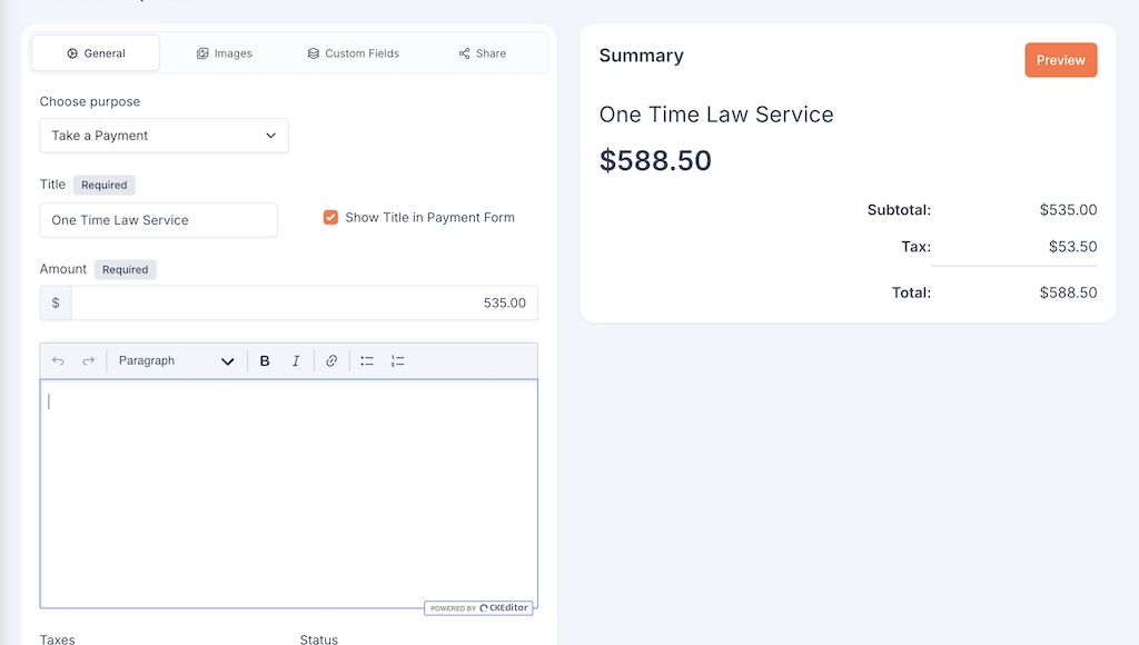 Payment link builder — Choose purpose, title, amount, taxes; live summary preview with Subtotal, Tax and Total